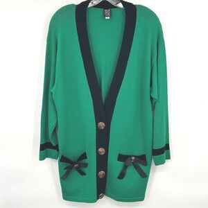Womens Vintage 80s Longline Cardigan S Green Black Bow Gold Button Helen Hsu